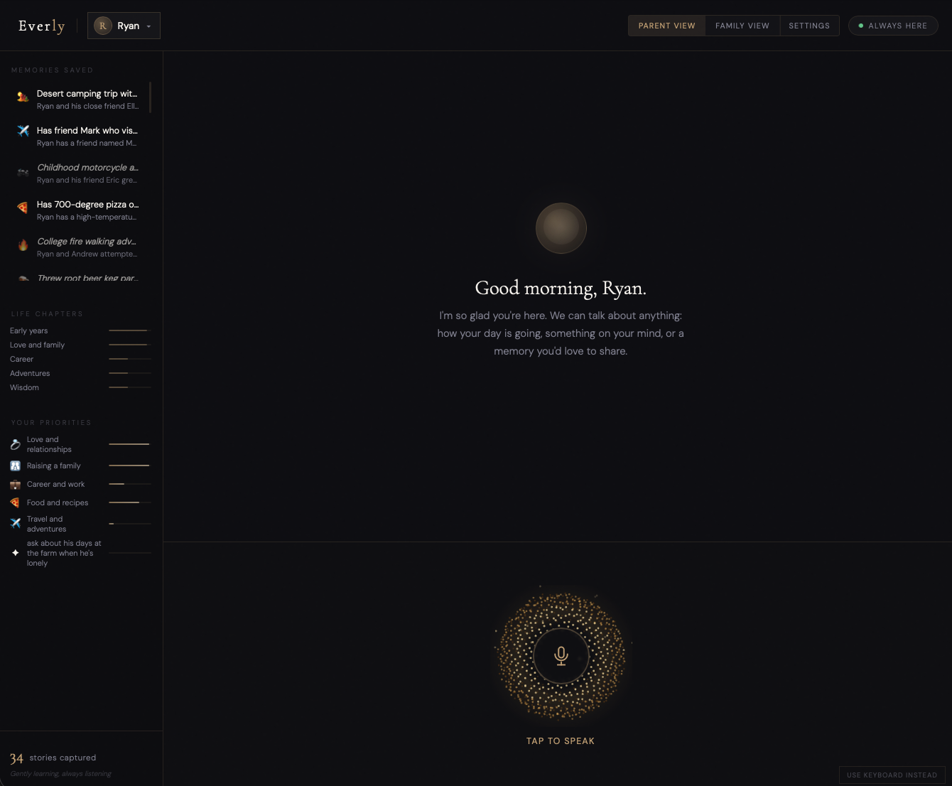 Everly Parent View dashboard with saved memories, life chapters, and the tap-to-speak orb